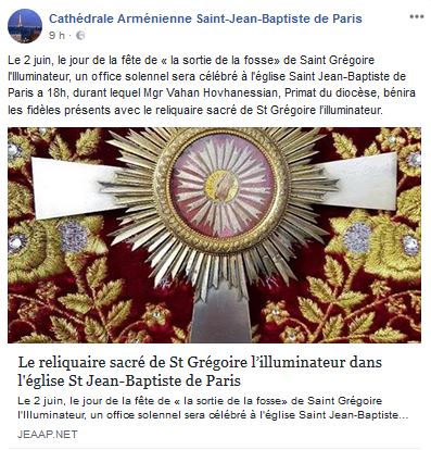 Le reliquaire sacré de St Grégoire l’illuminateur dans l’église St Jean-Baptiste de Paris