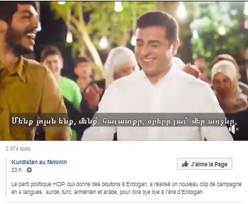 Le parti politique HDP, qui donne des boutons à Erdogan, a réalisé un nouveau clip de campagne en 4 langues : kurde, turc, arménien et arabe, pour dire bye bye à l’ère d’Erdogan.