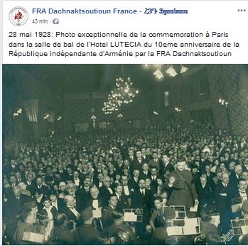 28 mai 1928: Photo exceptionnelle de la commémoration à Paris dans la salle de bal de l’Hotel LUTECIA du 10eme anniversaire de la République indépendante d’Arménie par la FRA Dachnaktsoutioun