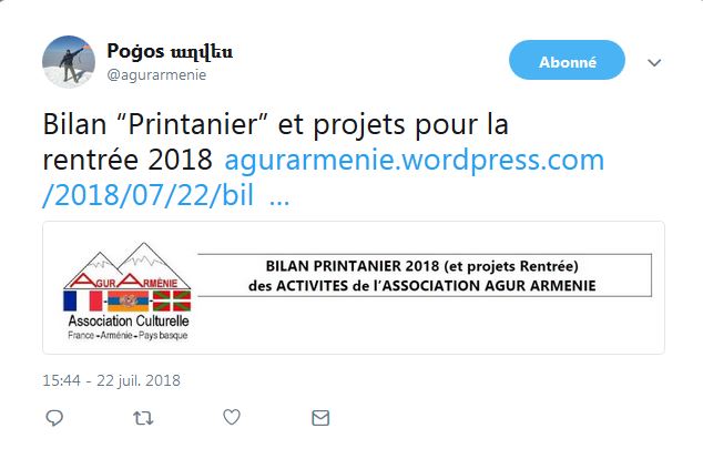 Agur Armenie Bilan Printanier et projets pour la rentrée