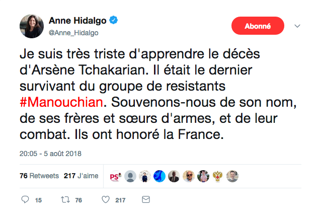 Anne Hidalgo : Je suis très triste d’apprendre le décès d’Arsène Tchakarian