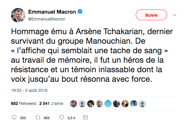 Emmanuel Macron : Hommage ému à Arsène Tchakarian