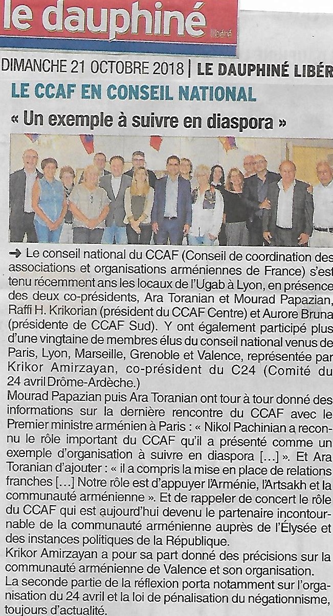 Le Dauphiné Libéré (édition de Valence): le Conseil national du CCAF à Lyon