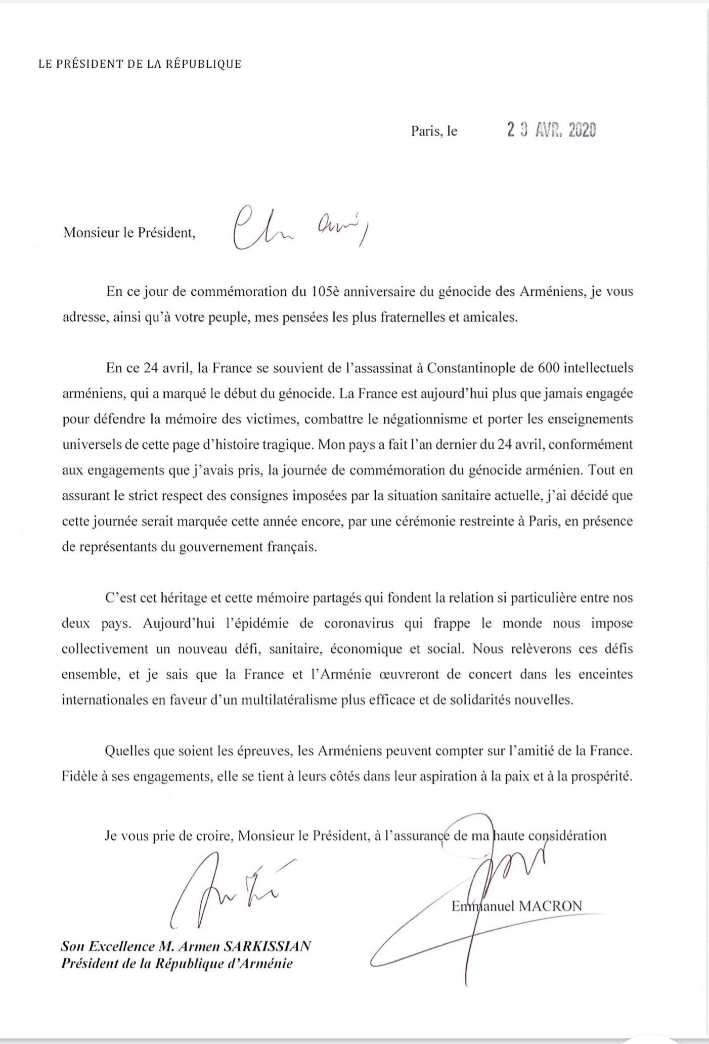 La lettre d’Emmanuel Macron adressée à Armen Sarkissian