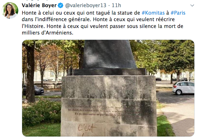 Valérie Boyer : « Honte à celui ou ceux qui ont tagué la statue de Komitas à Paris »