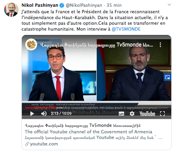 Nikol Pachinian : « J’attends que la France et le président de la France reconnaissent l’indépendance du Haut-Karabakh »