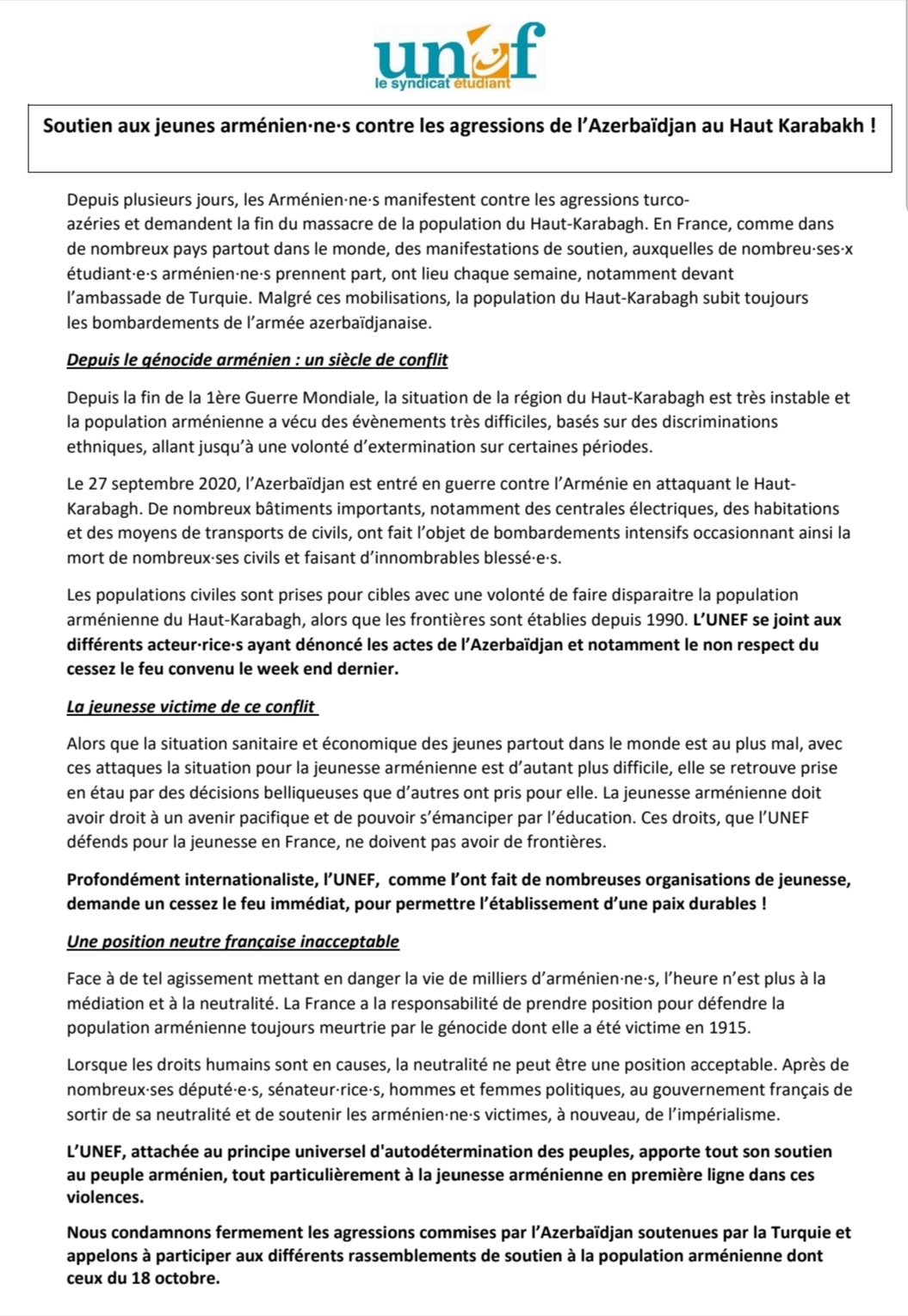 L’UNEF apporte son soutien aux jeunes arméniens et demande la reconnaissance de l’Artsakh