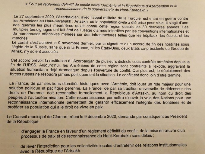 Clamart : Adoption d’un vœu pour la reconnaissance de la République d’Artsakh