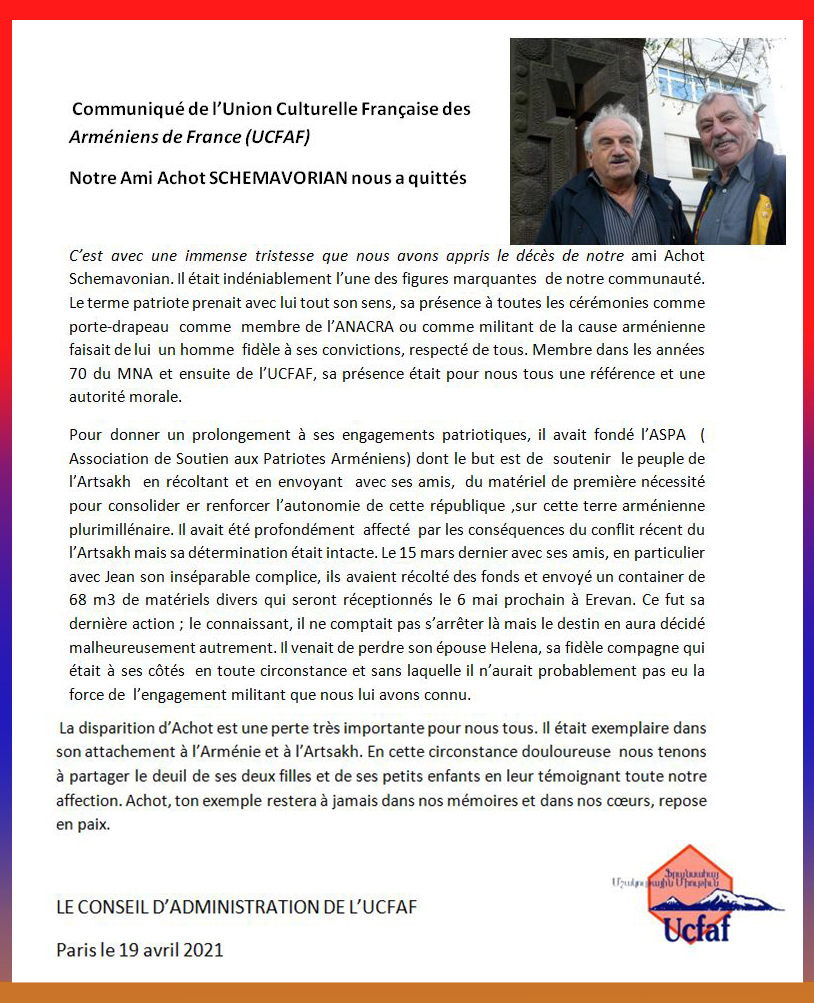 Communiqué de l’UCFAF suite à la disparition d’Achot Schemavonian