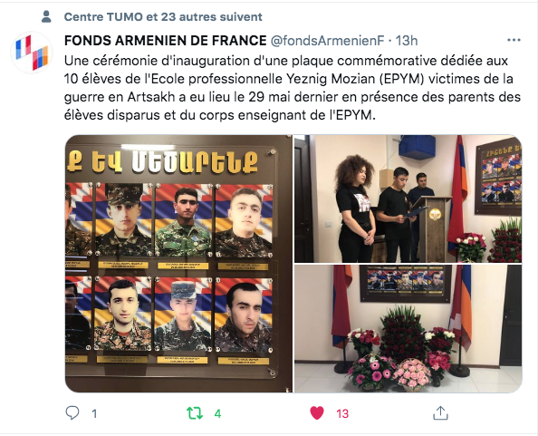 Fonds arménien : Hommage aux 10 élèves de l’école Mozian