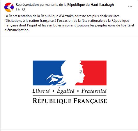 La Représentation de la République d’Artsakh adresse ses plus chaleureuses félicitations à la nation française