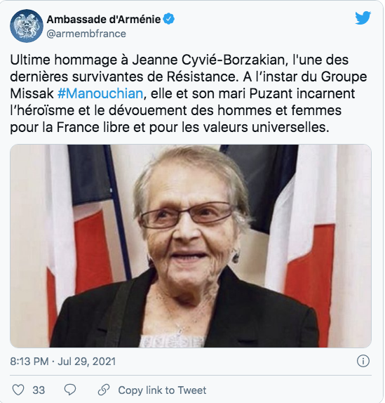 Ambassade d’Arménie : hommage à Jeanne Cyvié-Borzakian