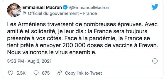 Emmanuel Macron : 200 000 doses de vaccins pour Erevan