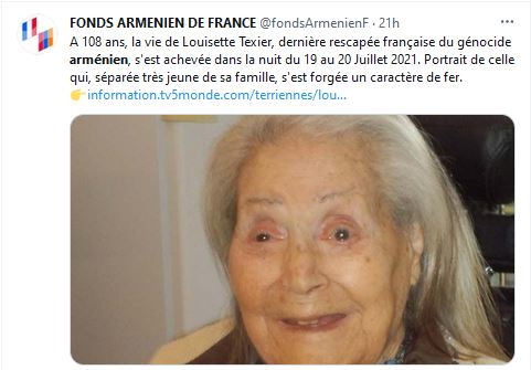 A 108 ans, la vie de Louisette Texier, dernière rescapée française du génocide arménien, s’est achevée dans la nuit du 19 au 20 Juillet 2021