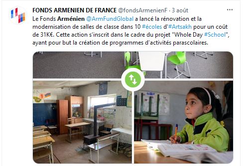 Le Fonds Arménien @ArmFundGlobal  a lancé la rénovation et la modernisation de salles de classe dans 10 écoles d’Artsakh