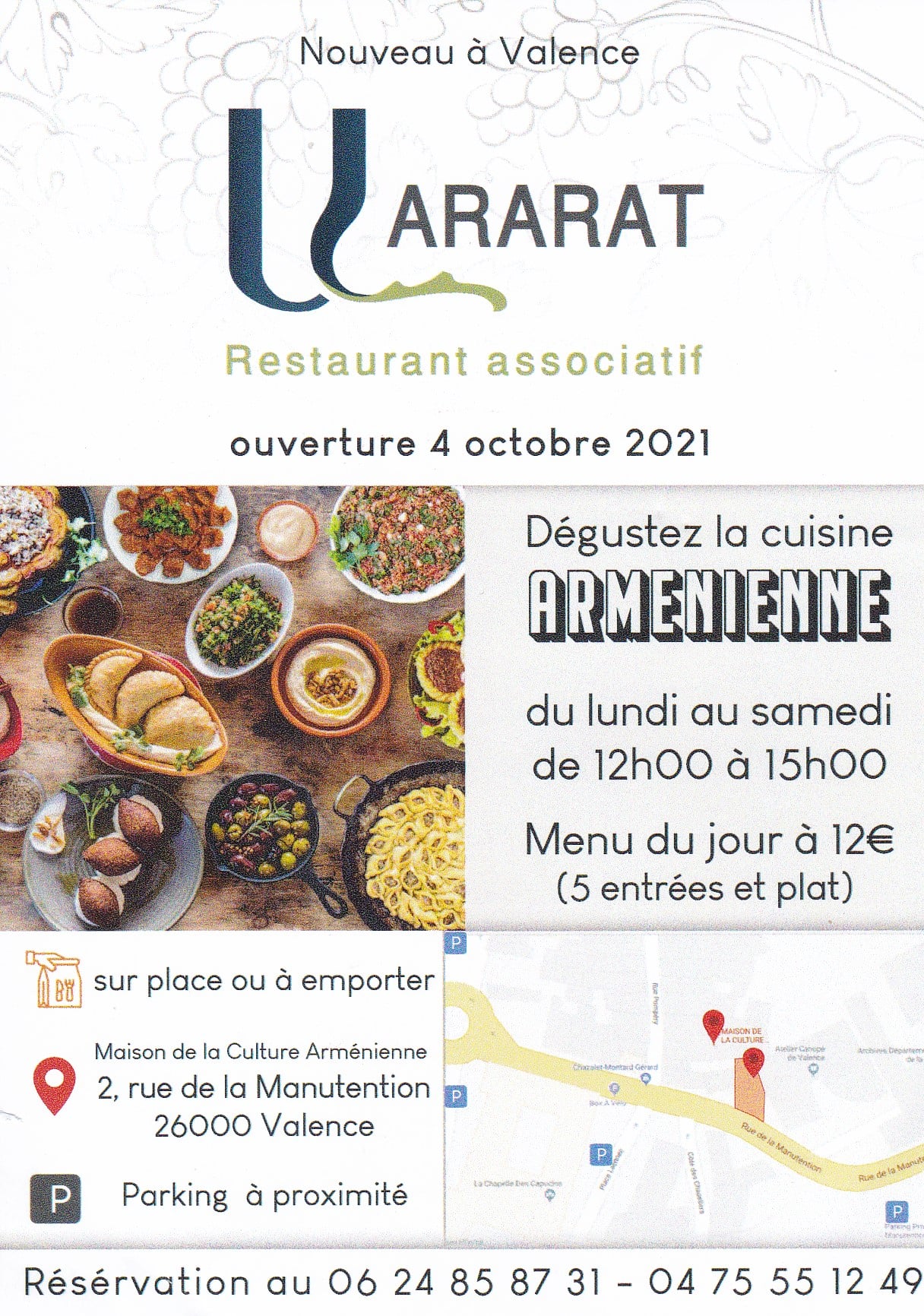 OUVERTURE de notre restaurant associatif ARARAT lundi 4 octobre 2021à 12:00