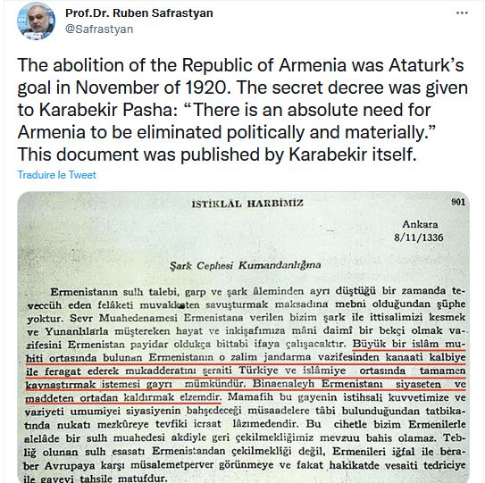 L’abolition de la République d’Arménie était l’objectif d’Atatürk en novembre 1920