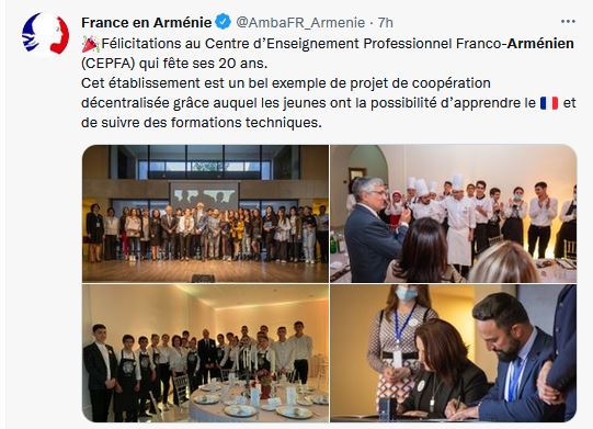 Félicitations au Centre d’Enseignement Professionnel Franco-Arménien (CEPFA) qui fête ses 20 ans.