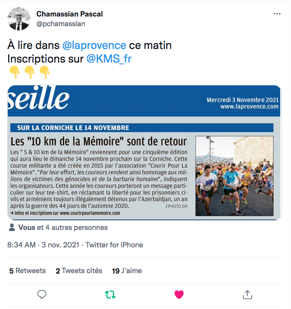 P.Chamassian : les 10 km de la mémoire le 14 novembre