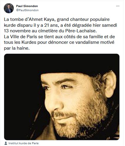 La tombe d’Ahmet Kaya, grand chanteur populaire kurde disparu il y a 21 ans, a été dégradée hier samedi 13 novembre au cimetière du Père-Lachaise