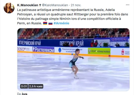 La patineuse artistique arménienne représentant la Russie, Adelia Petrosyan, a réussi un quadruple saut Rittberger