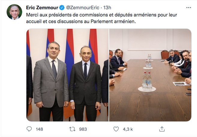 Zemmour : merci pour cette discussion au Parlement arménien