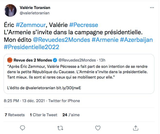 V.Toranian : V.Pecresse E.Zemmour l’Arménie s’invite dans la présidentielle