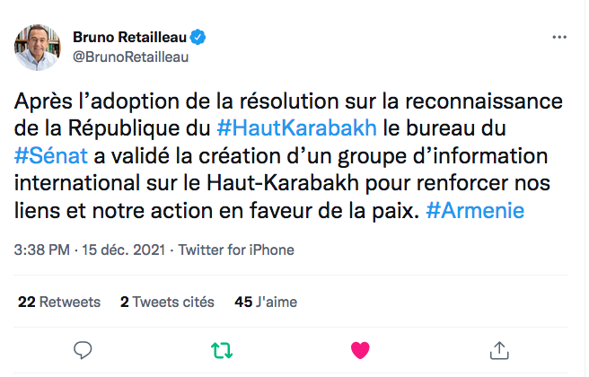 B Retailleau : création au Sénat d’un groupe d’information sur le Karabakh