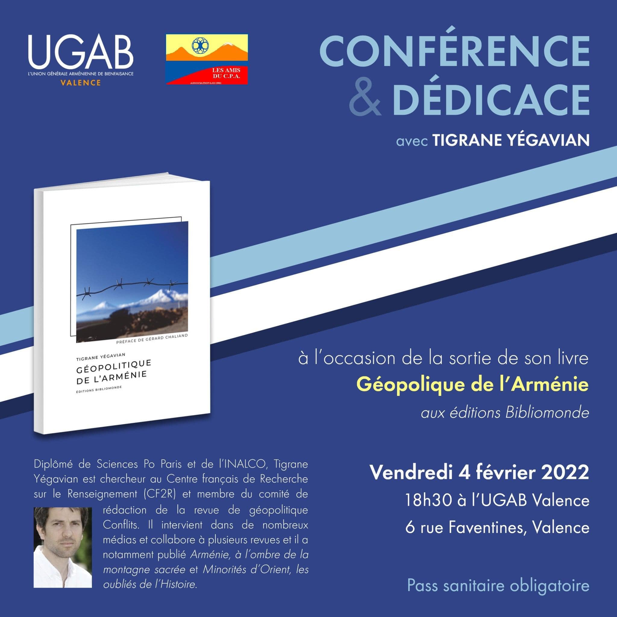 Conférence-dédicace de Tirgane Yegavian à l’occasion de la sortie de son livre « Géopolitique de l’Arménie » à la salle de l’UGAB à Valence