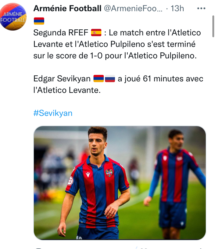 Edgar Sevikyan a joué 61 minutes avec Levante (Espagne)