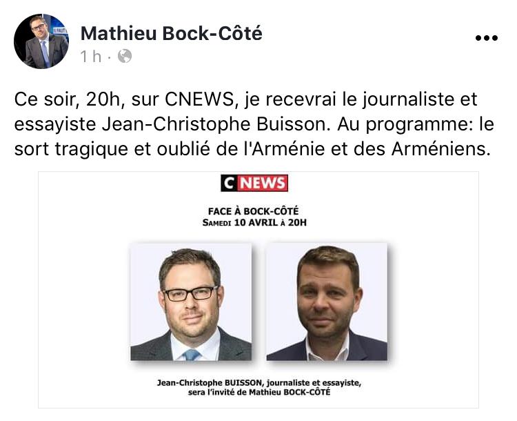 Ce soir à 20 heures sur CNews : le sort tragique et oublié de l’Arménie et des Arméniens avec Jean-Christophe Buisson interrogé par Mathieu Bock-Côté