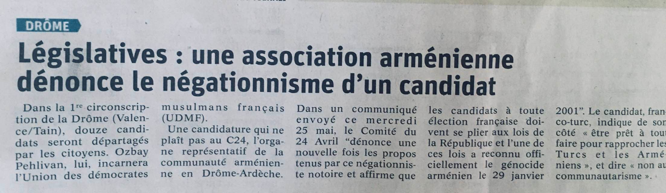 Drôme : une association arménienne dénonce le négationnisme d’un candidat