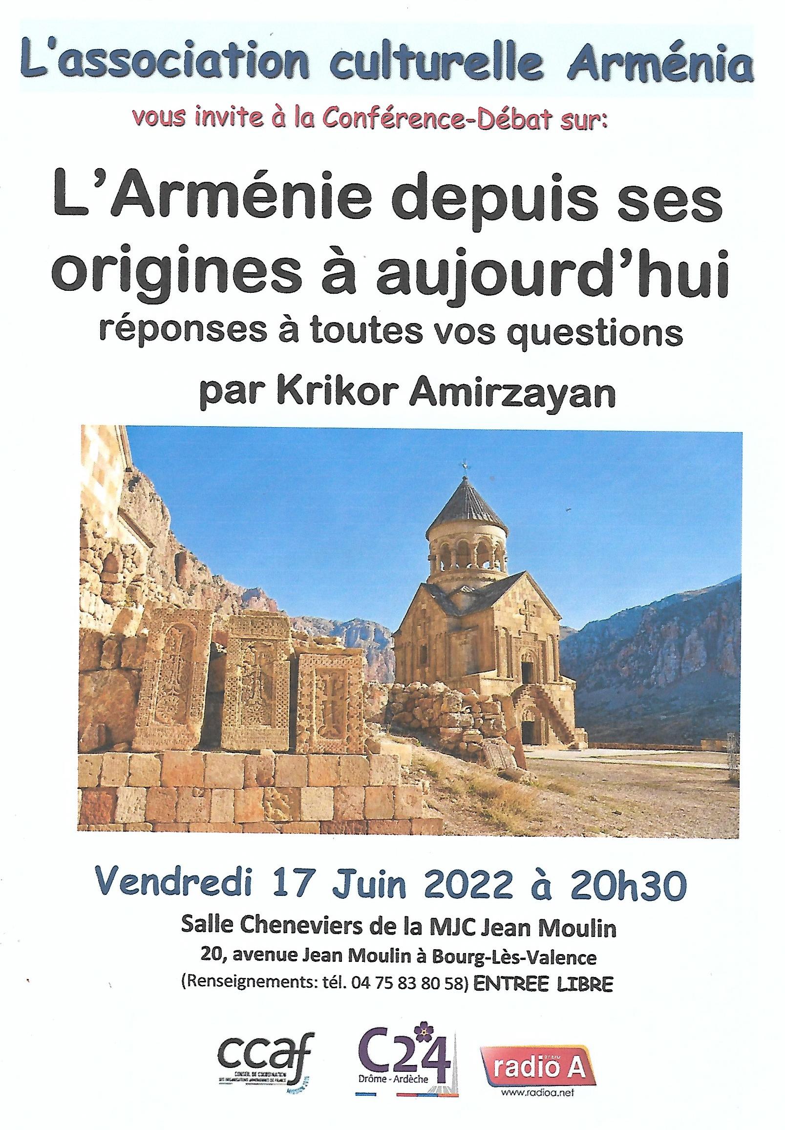 Conférence d’« Arménia » ce Vendredi 17 Juin « L’Arménie depuis ses origines à aujourd’hui, réponses à toutes vos questions »