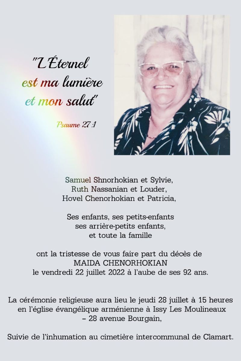 La cérémonie religieuse de Maida Chenorhokian se déroulera jeudi 28 juillet (15h00) à l’Eglise Evangélique arménienne d’Issy-les-Moulineaux