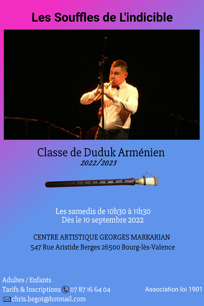 Cours de Duduk Arménien par Chris Bégot au centre artistique Georges Markarian à Bourg-Lès-Valence