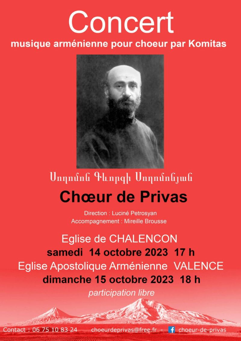 Concert de musique arménienne pour chœur par Komitas du Chœur de Privas sous la direction de Luciné Petrosyan à Valence le 15 octobre