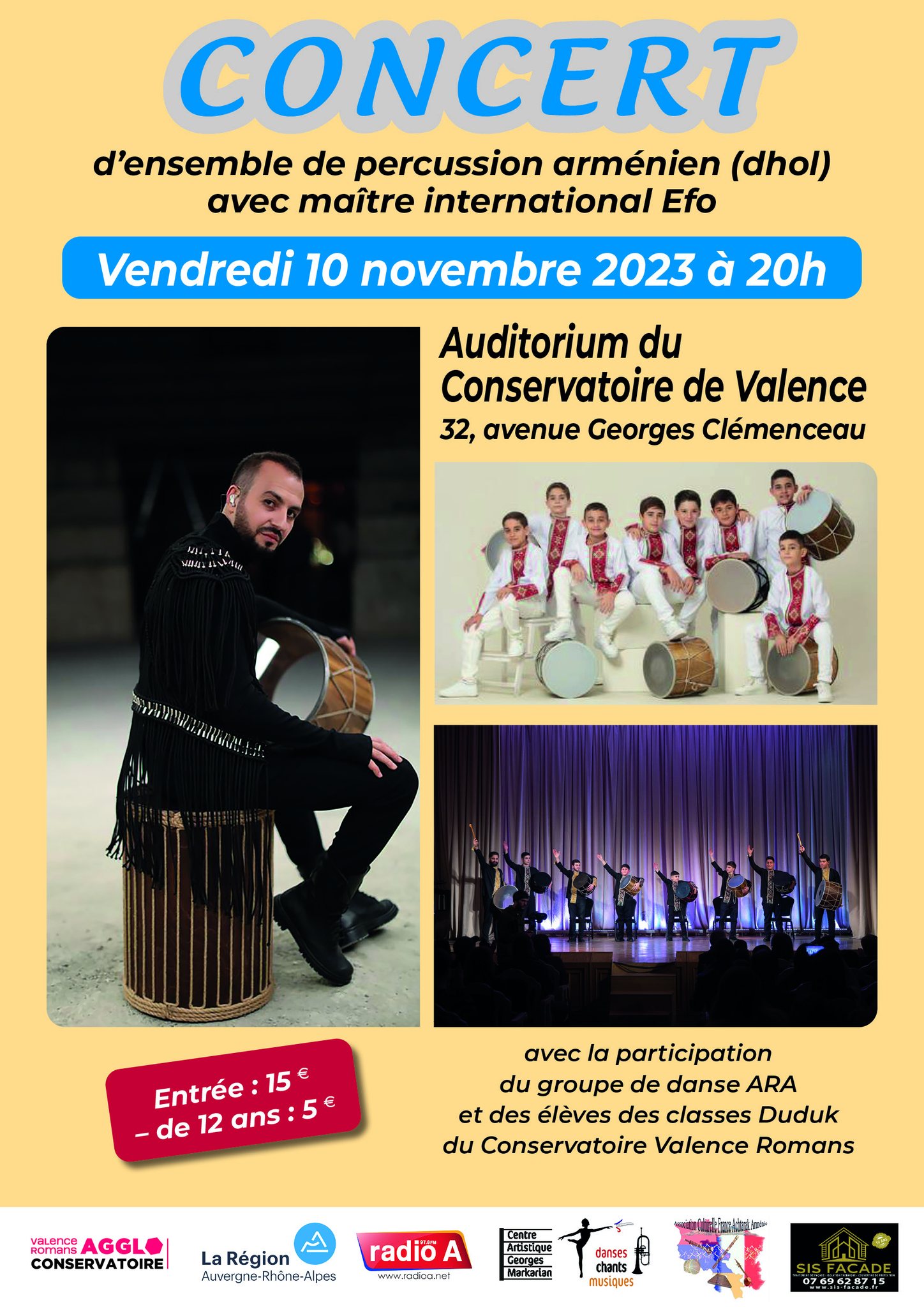 Concerts de l’ensemble de percussion arménien (dhol) avec Sergueï Khachatryan « Efo » et ses jeunes élèves venus d’Arménie, à Villeurbanne le 7 novembre et Valence le 10 novembre