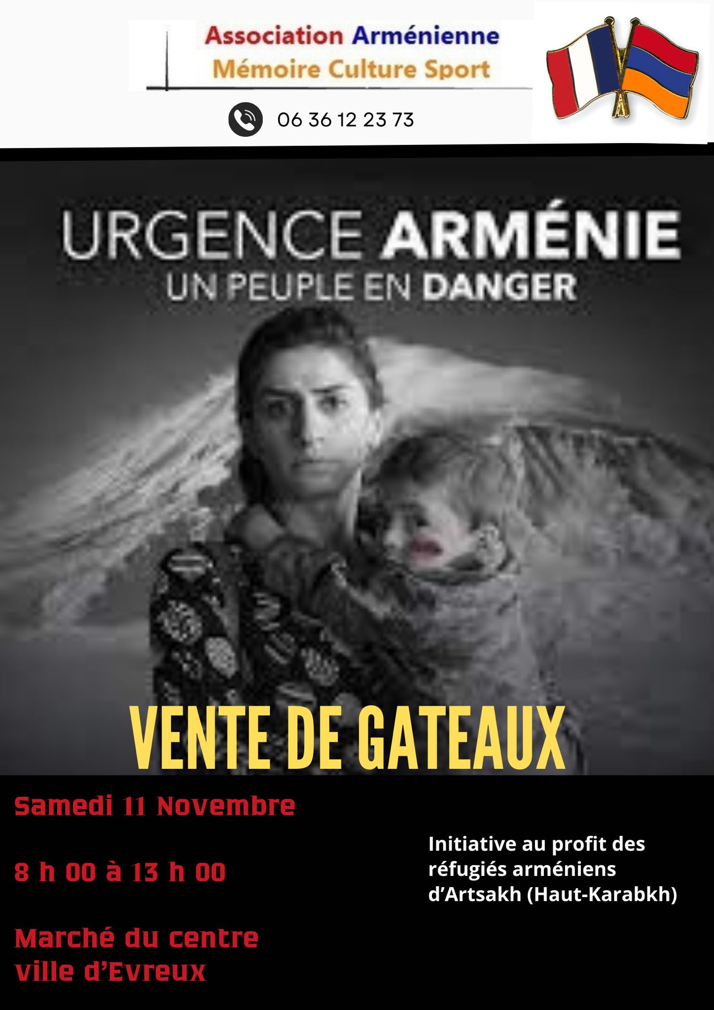 Vente de gâteaux au profit des réfugiés Arméniens d’Artsakh au marché municipal d’Evreux samedi 11 novembre