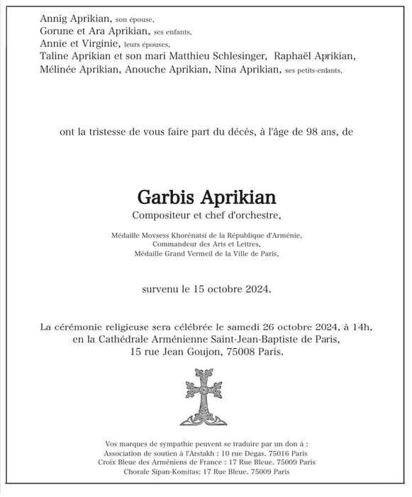 Obsèques de Garbis Aprikian le samedi 26 octobre