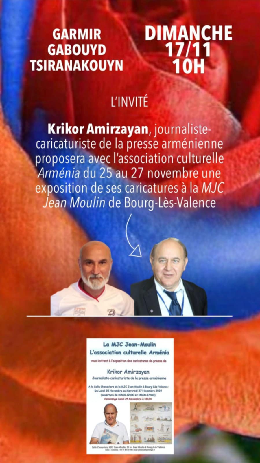 Le journaliste-caricaturiste Krikor Amirzayan, sera l’invité de Khajag Sassountsi dans l’émission « Garmir-Gabouyd-Tsiranakouyn » sur Radio Arménie, dimanche 17 novembre à 10h30