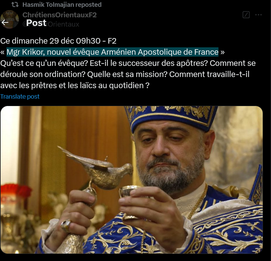 Hasmik Tolmajian : Mgr Krikor, nouvel évêque Arménien Apostolique de France