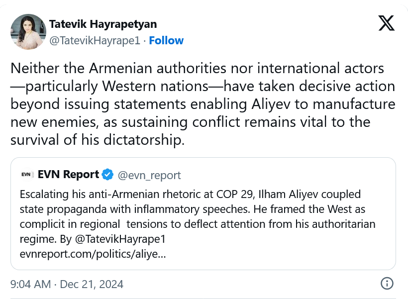 T. Hayrapetyan : le maintien du conflit reste vital pour la dictature d’Aliev