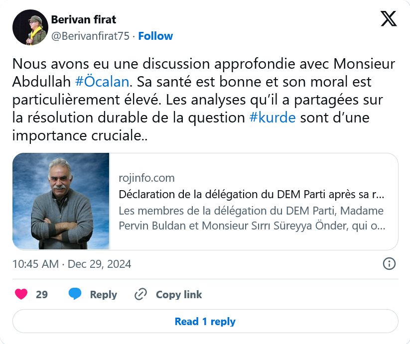 Berivan Firat : Nous avons eu une discussion approfondie avec Monsieur Abdullah #Öcalan