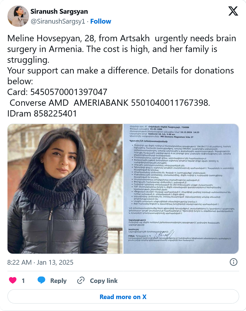 Meline Hovsepyan, 28, from Artsakh  urgently needs brain surgery in Armenia