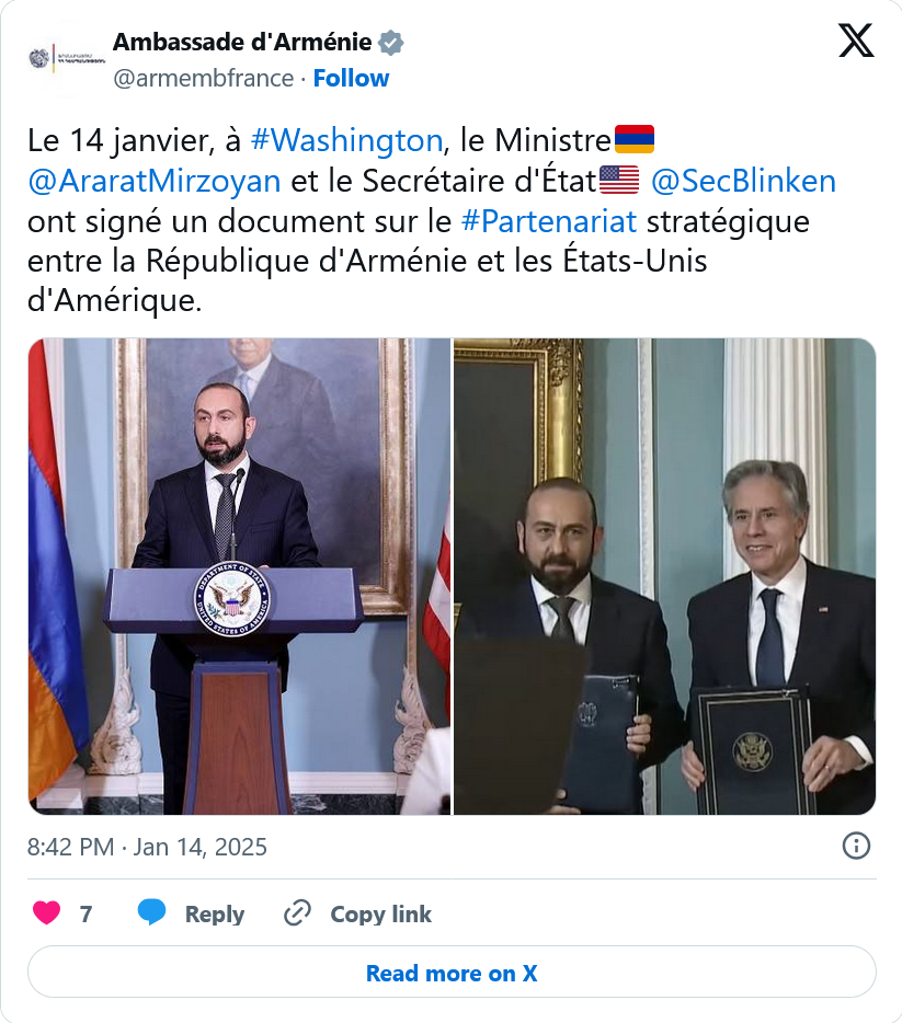 le Ministre🇦🇲 @AraratMirzoyan  et le Secrétaire d'État🇺🇸 @SecBlinken  ont signé un document sur le #Partenariat stratégique